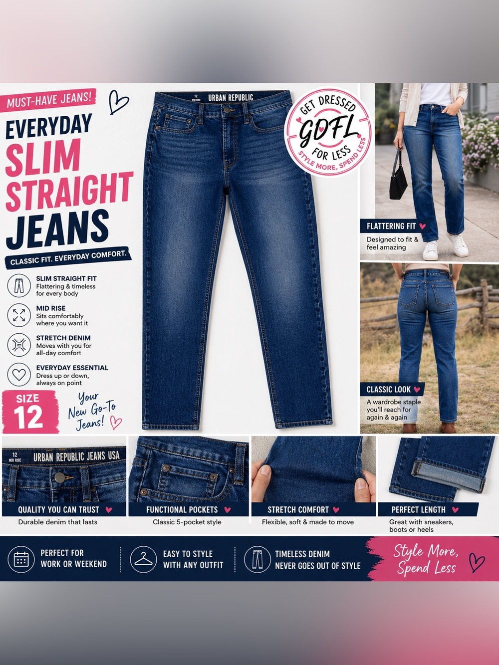 Urban Republic Womens Slim Straight Jeans Size 12 Blue Denim Mid Rise Stretch - Picture 2 of 16